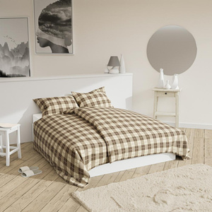 Bedding 160 x 200 3pcs Cotton Reversible Check Beige